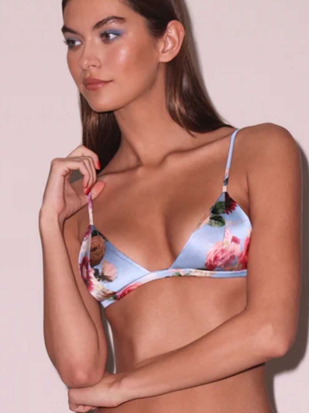 Fleur du Mal Satin Floral Triangle Bra - Light Blue - Picture 4 of 4